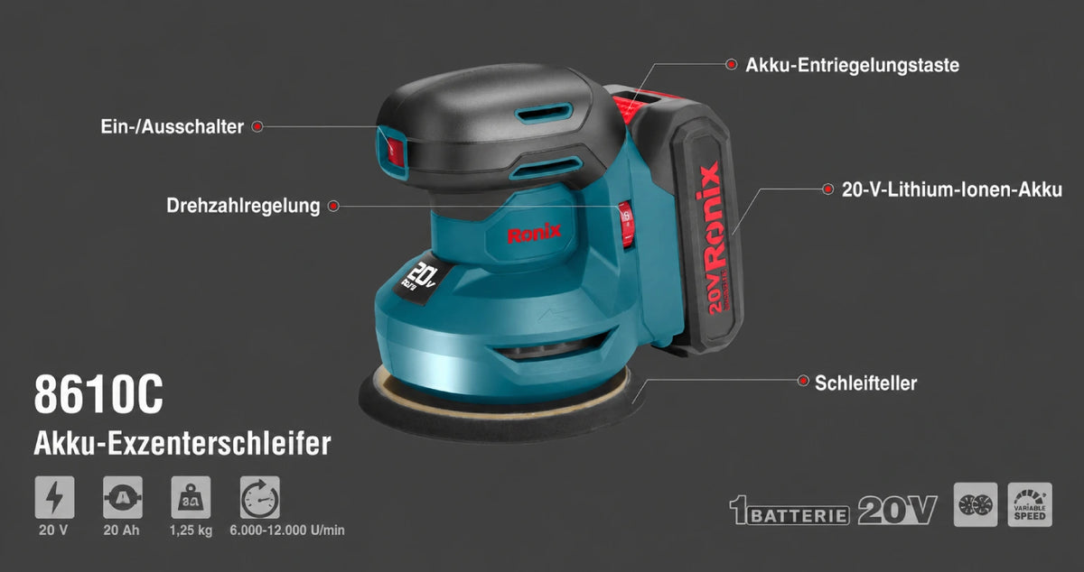 Ronix Akku-Exzenterschleifer 125mm