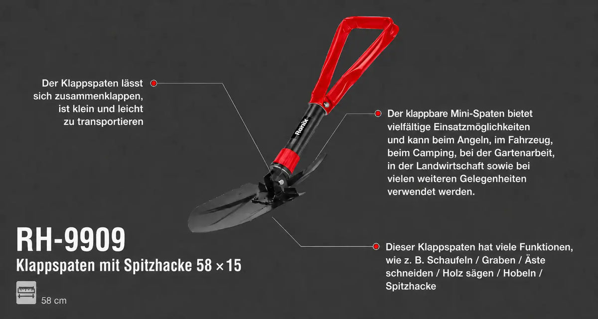Ronix Klappspaten mit Pickel und Kompass 42 * 10