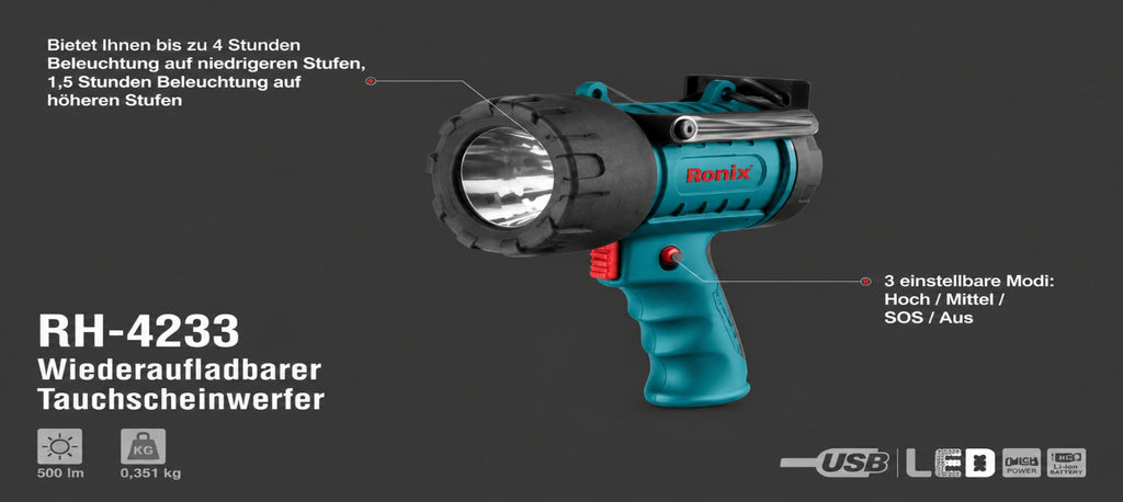 Ronix Wiederaufladbarer Tauchscheinwerfer 500 lm