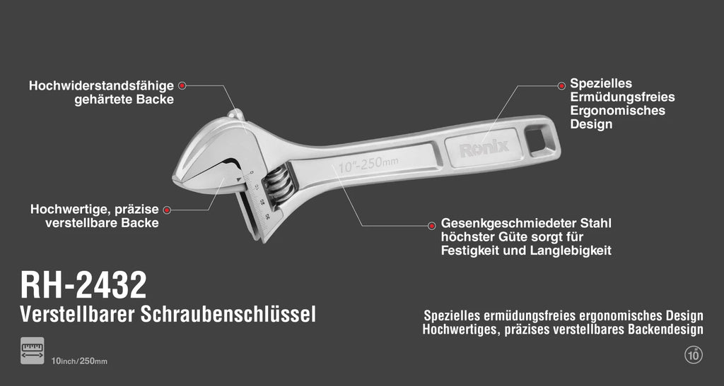 Ronix Verstellbarer Schraubenschlüssel - 250 mm / Chrom-Serie