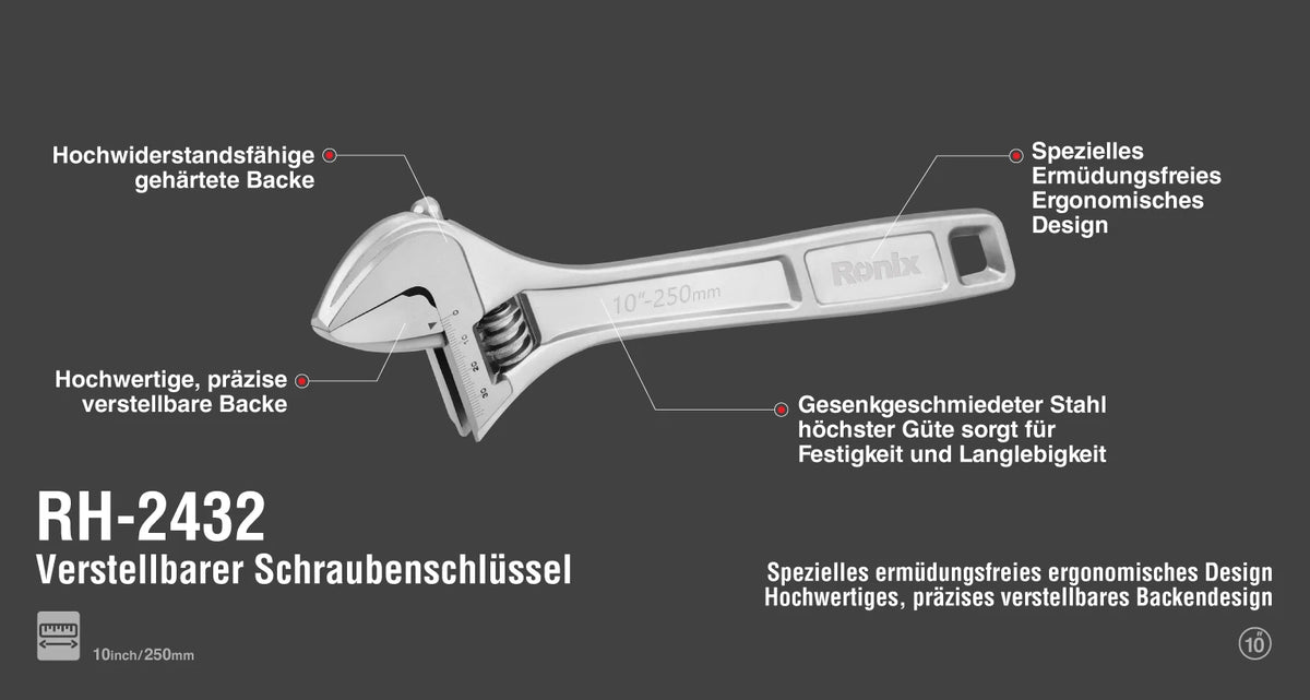 Ronix Verstellbarer Schraubenschlüssel - 250 mm / Chrom-Serie