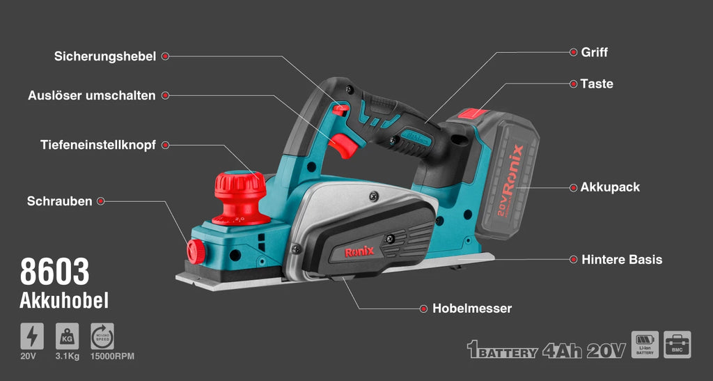 Ronix 20V Akku-Hobel 15.000 U/min