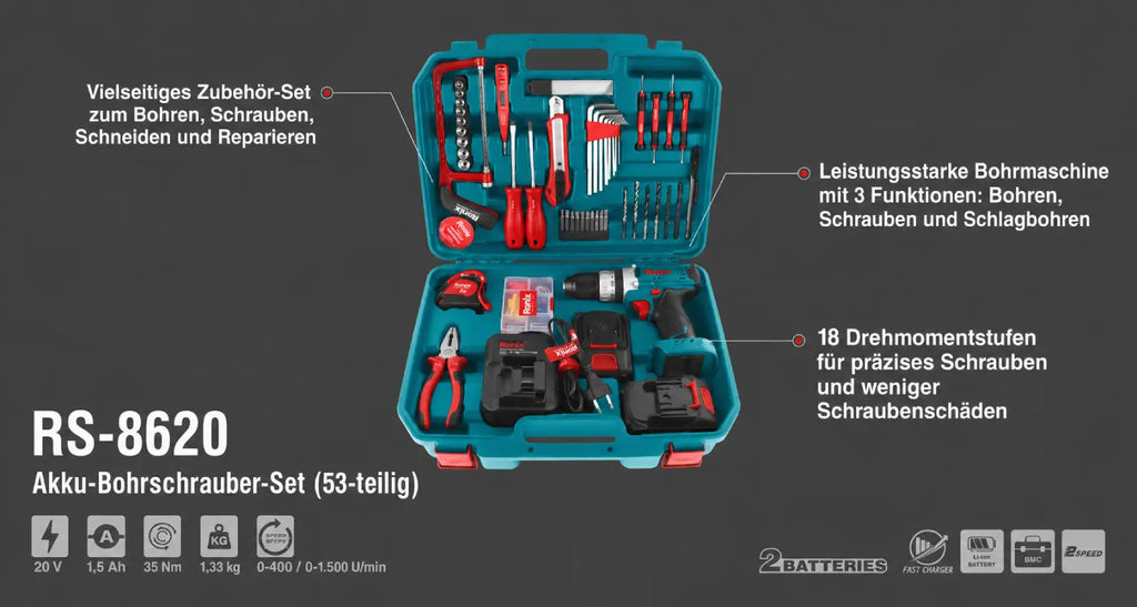 Ronix 20 V Akku-Bohrschrauber-Set (53-teilig) mit Handwerkzeugen