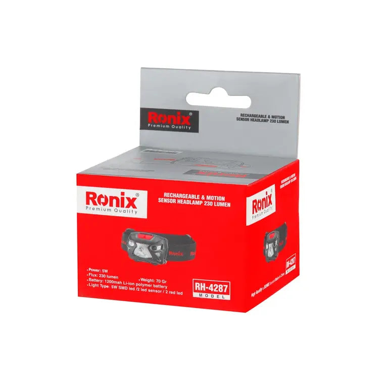 Ronix Wiederaufladbare Stirnlampe mit Bewegungssensor 5 W - 280 Lumen