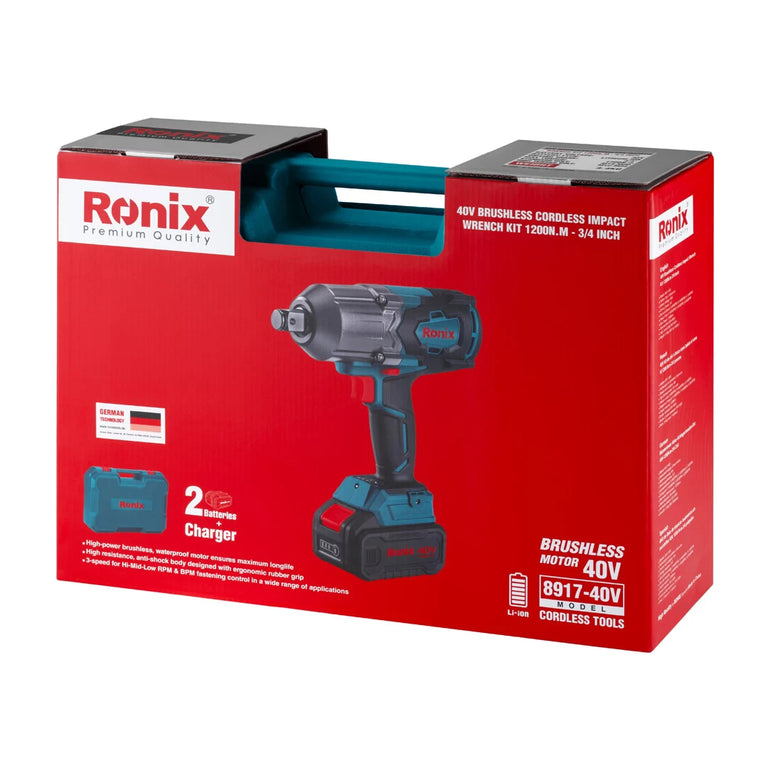 Ronix bürstenloses Akku-Schlagschrauber-Set 40 V, 1200 Nm, ¾-Zoll