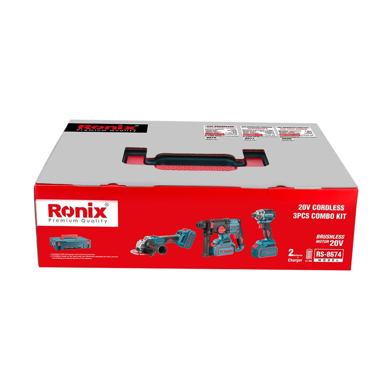 Ronix Akku-Kombiset 20 V (Schrauber, Bohrhammer und Mini-Winkelschleifer), 3-tei