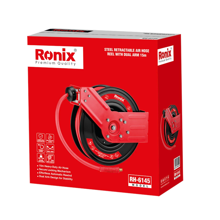 Ronix Automatischer Druckluftschlauchaufroller aus Stahl mit Doppelarm, 15 m