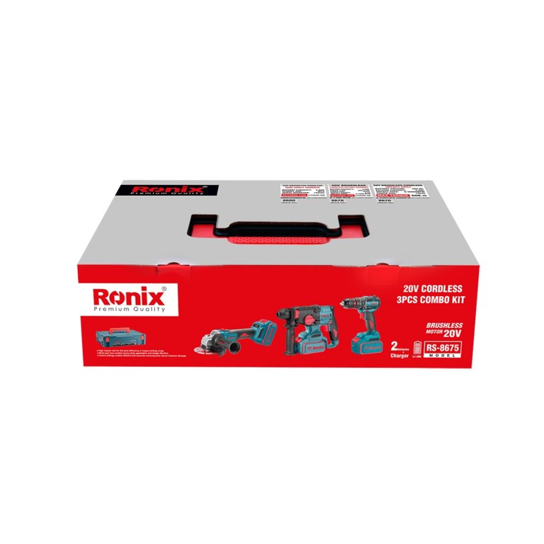 [RX-RS-8675] Ronix Akku-Kombiset 20 V (Schlagbohrschrauber, Bohrhammer und Mini-Winkelschleif