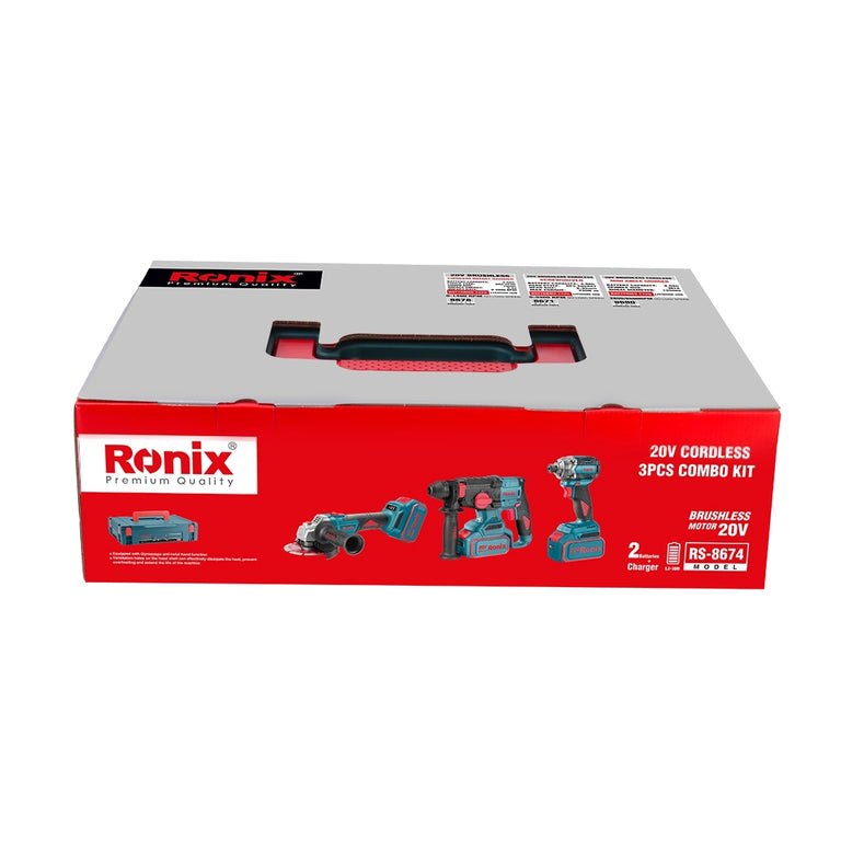[RX-RS-8674] Ronix Akku-Kombiset 20 V (Schrauber, Bohrhammer und Mini-Winkelschleifer), 3-tei